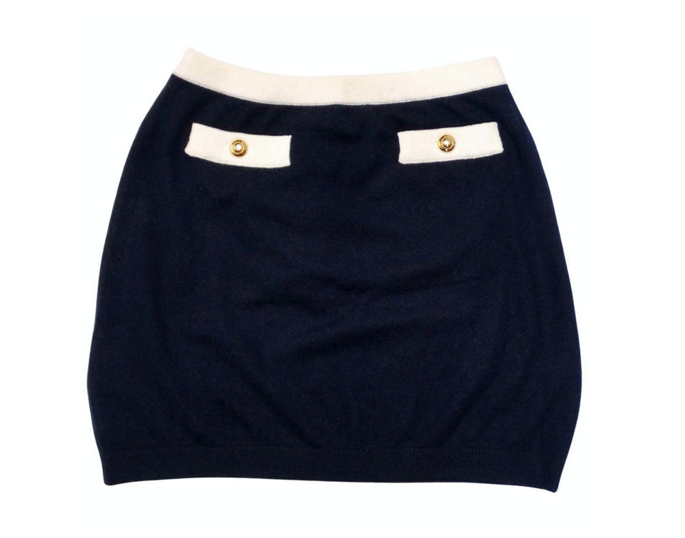 Miu Miu Navy Blue & White Cashmere Mini Skirt With Gold-Tone Button Accents