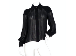 Chanel Black Sheer Silk Button-Up Long-Sleeve Blouse With Embellished Buttons