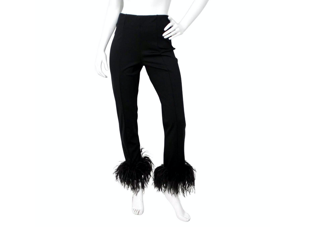 LAPOINTE Black Slim Leg Scuba Pants With Ostrich Feather Hem