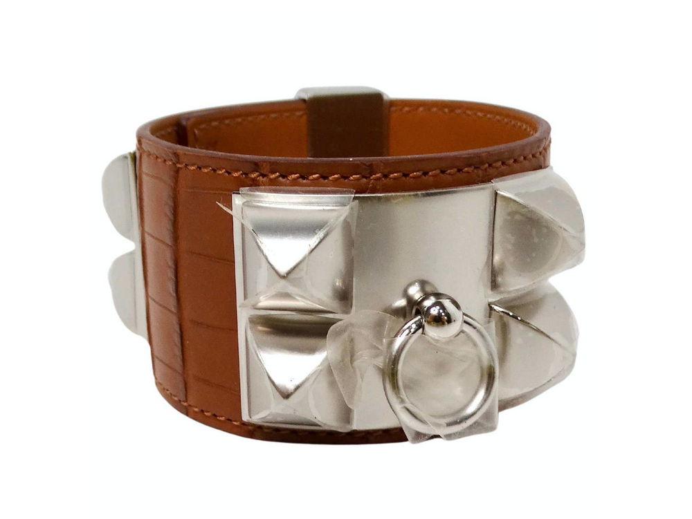 Hermes Collier De Chien Golden Brown & Palladium Plated Alligator Cuff Bracelet