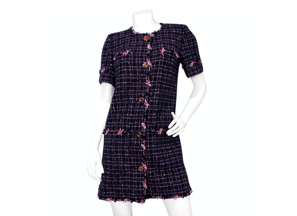 2015 Chanel Fantasy Blue & Pink Tweed Button-Up Mini Dress