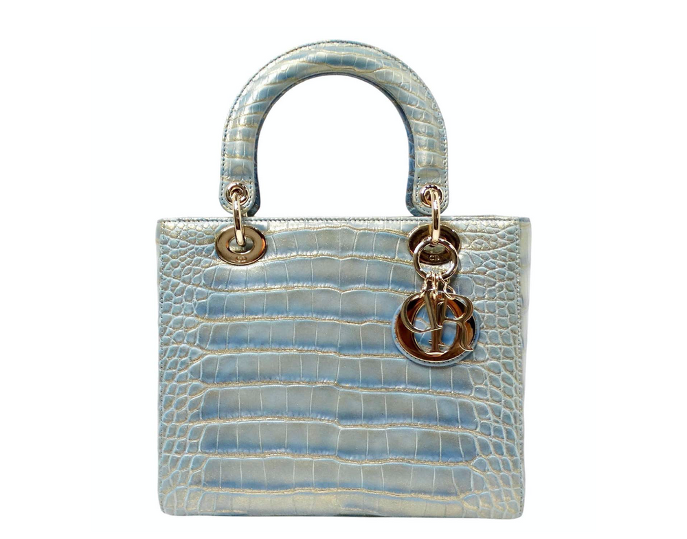 Christian Dior Exotic Lady Dior Blue Iridescent Gold Crocodile Leather Handbag