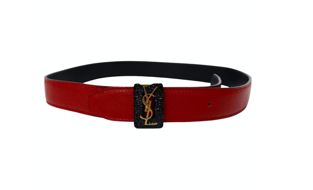 Yves Saint Laurent Red Leather Belt With Gold-Tone Logo Buckle Yves Saint Laurent Red Leather Belt With Gold-Tone Logo Buckle