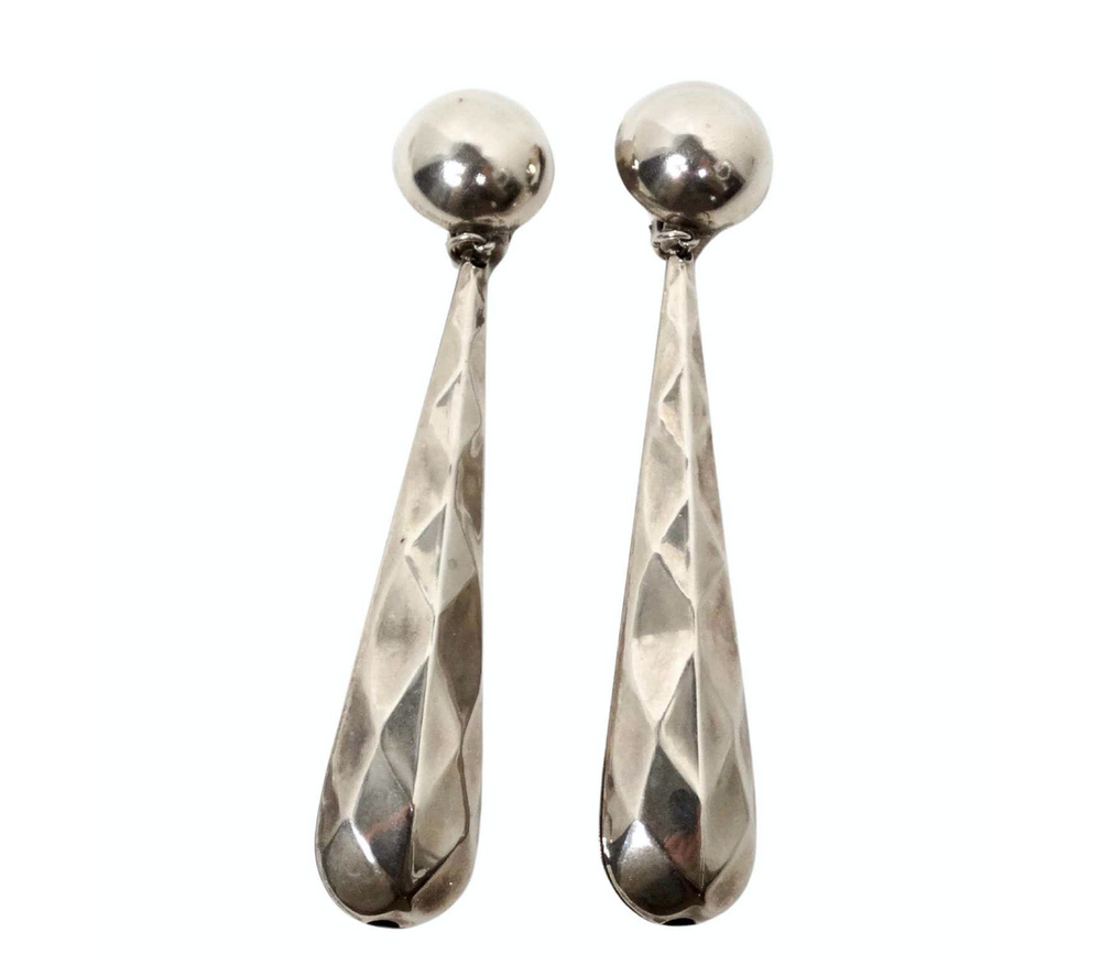 1970s Large Handmade Hammered Silver Plated  Teardrop Clip-On Earrings