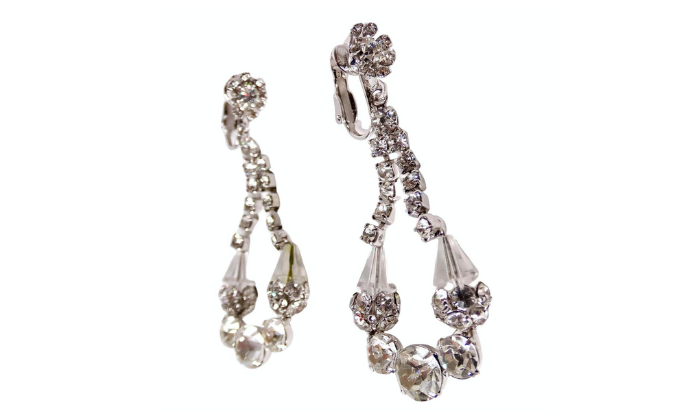 Mid-Century Evening Floral Rhinestone Teardrop Dangle Clip-On Earrings