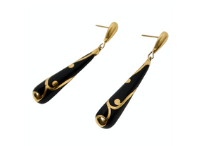 Vintage French Romantic Black Enamel & 18k Gold Plated Dangle Earrings