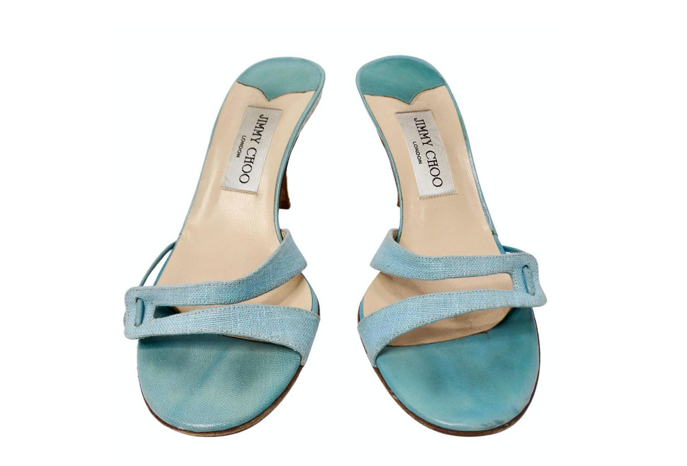 Y2K Jimmy Choo Blue Mother Of Pearl Detailed Kitten Heel Sandals