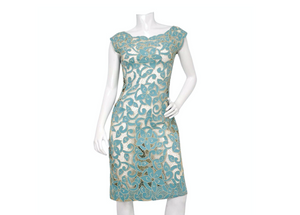 1980s Blue & Cream Floral Net Detail Cut-Out Midi Dress