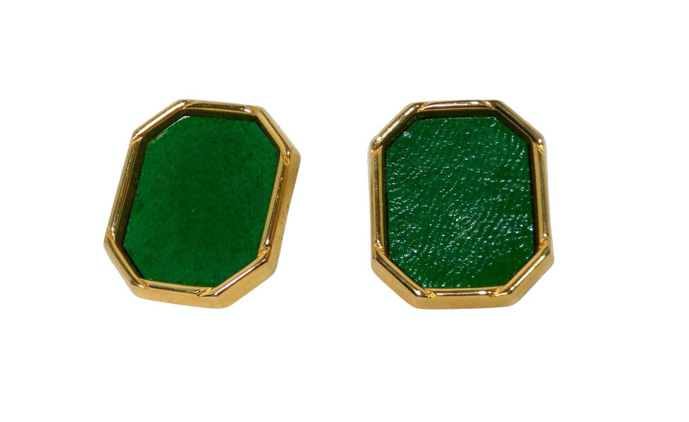 1980s Green Leather Gold Tone Octagon Clip-On Earrings