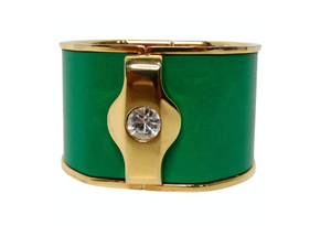 Vintage Green Leather Gold Tone Cuff With Rhinestone