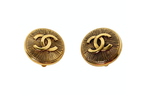 Vintage Chanel Gold Tone Etched Interlocking CC Logo Clip-On Earrings