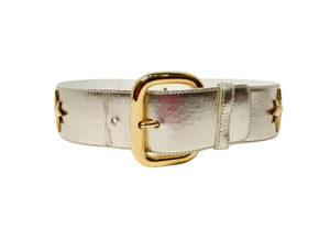 Vintage Escada Champagne Metallic Gold Star Charm Leather Waist Belt