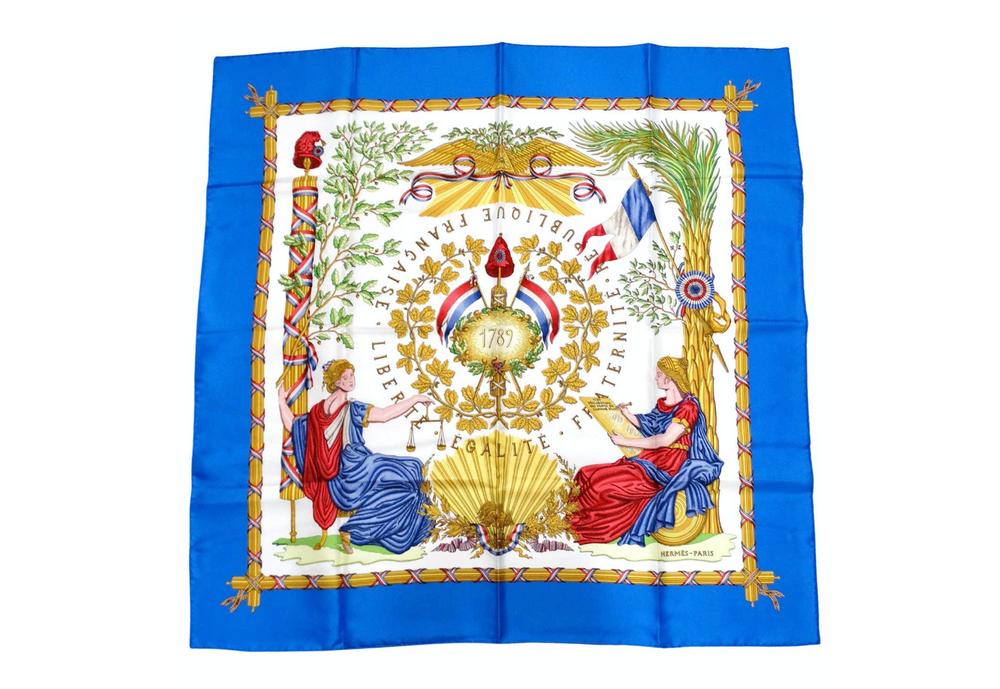 Vintage Hermes Multicolor French Revolution Commemoration Print Silk Scarf