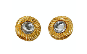 1990s Chanel Round Gold Tone Ribbed Rhinestone Clip-On Earrings