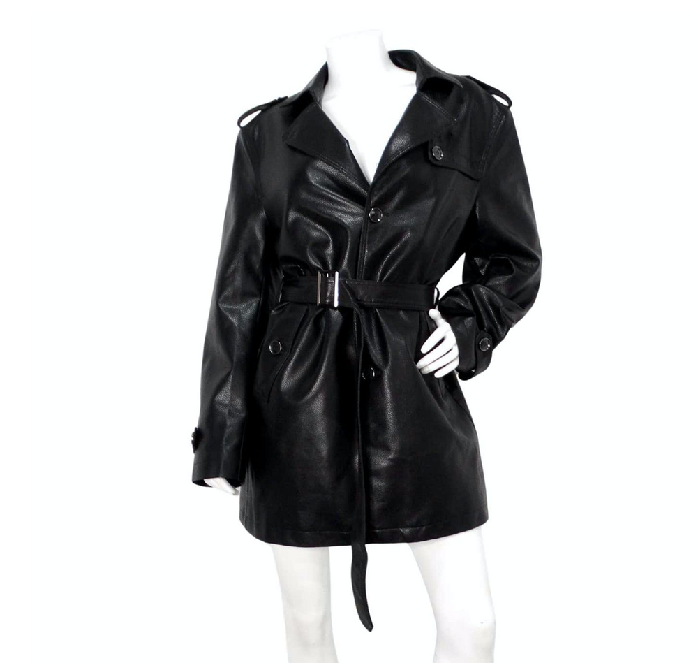 Vintage 1990s Black Leather Trench Mini Dress Jacket With Belt