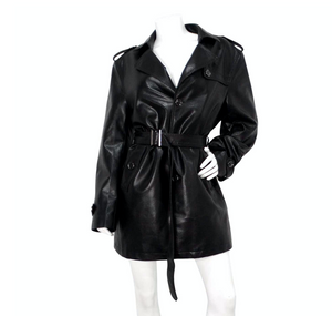Vintage 1990s Black Leather Trench Mini Dress Jacket With Belt