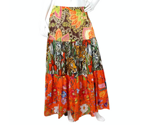 2019 Gucci Orange New India Multicolor Print Cotton Midi Skirt