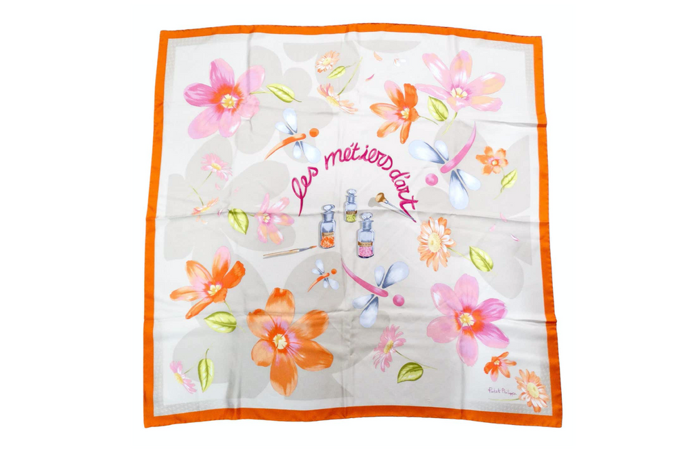 Vintage Patek Philippe "Les Metiers D'art" Silk Painted Flowers Print Scarf