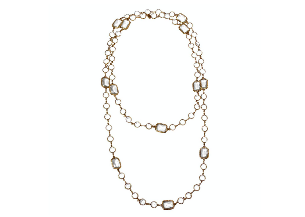1981 Chanel Long Clear Crystal & Gold Plated Chain Chicklet Necklace