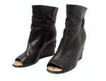 Chanel Black Lambskin Leather Peep Toe Wedge Ankle Boots