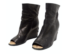 Chanel Black Lambskin Leather Peep Toe Wedge Ankle Boots