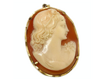 1920s Coral Cameo 18k Gold Shell Oval Brooch Pendant