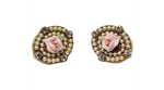 1920s Handmade Rose 18k Gold Plated Stud Earrings With Pearl & Crystal Accents