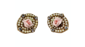 1920s Handmade Rose 18k Gold Plated Stud Earrings With Pearl & Crystal Accents