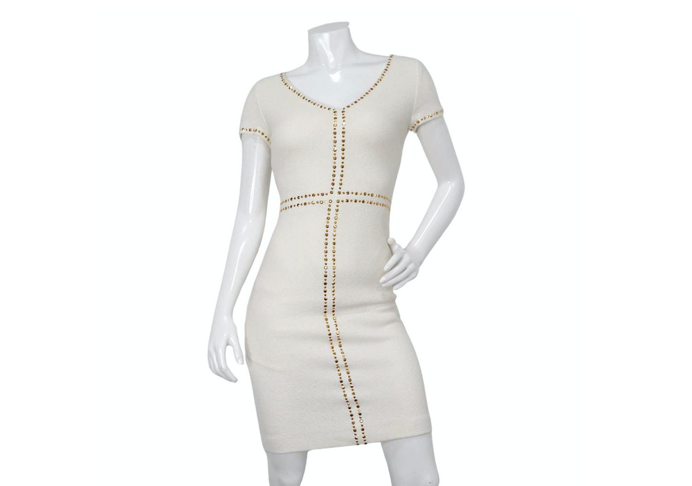 Vintage St. John White Knit Dress With Gold-Tone Rhinestone Accents