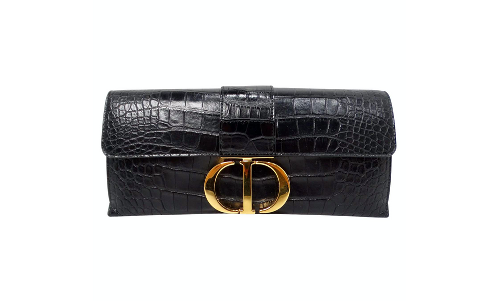 Christian Dior 30 Montaigne Black Crocodile Clutch With Gold-Tone Christian Dior 30 Montaigne Black Crocodile Clutch With Gold-Tone
