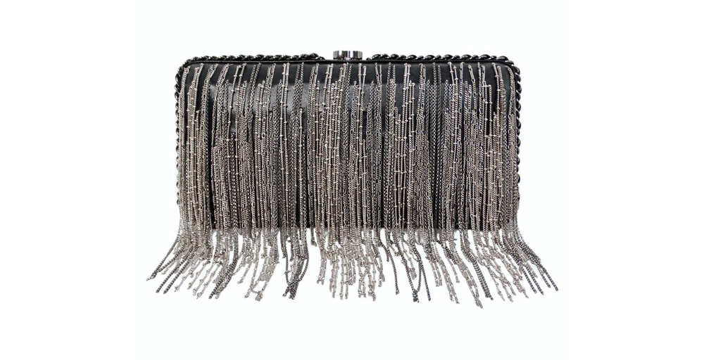2017 Chanel Silver-Tone Fringe Black Lambskin Leather Clutch With Chain
