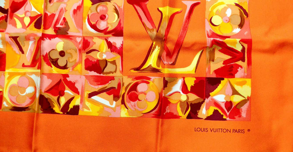 Louis Vuitton "Carre Au Fil Dua Temps" Orange Monogram Silk Print Scarf