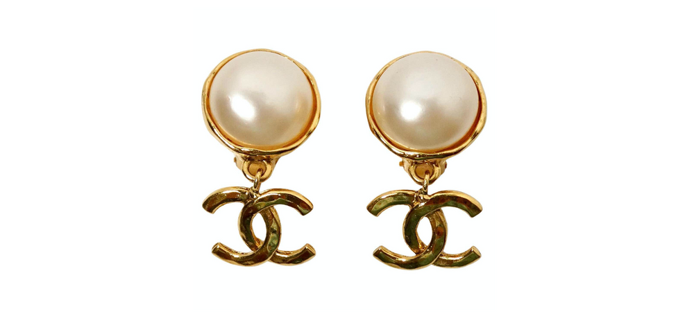 Chanel Coco Mark Gold Plated Costume Pearl CC Dangle Earrings