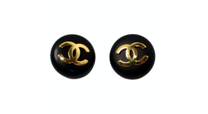 Chanel Black & Gold Tone Interlocking CC Round Clip-On Earrings circa 1989