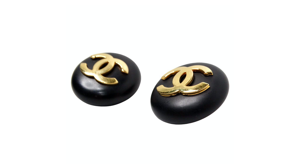 Chanel Black & Gold Tone Interlocking CC Round Clip-On Earrings circa 1989