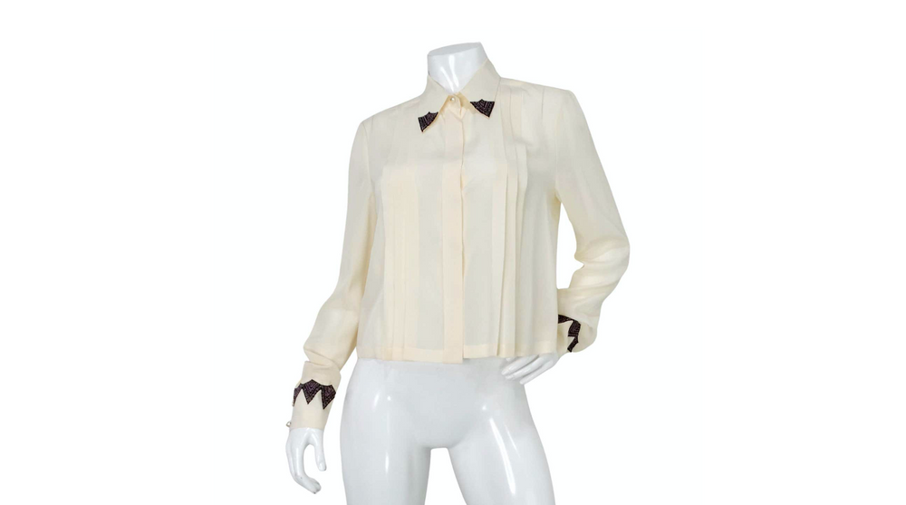 Chanel Pleated Cream Silk Blouse With Beaded Lace Accents circa 2002