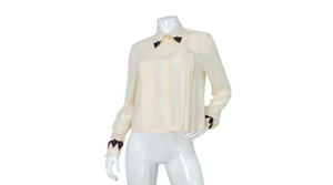 Chanel Pleated Cream Silk Blouse With Beaded Lace Accents circa 2002