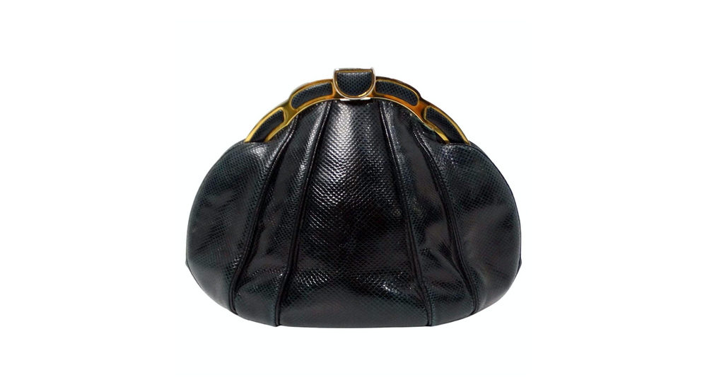 Judith Leiber Black Lizard & Gold-Tone Snap Clutch circa 1980s