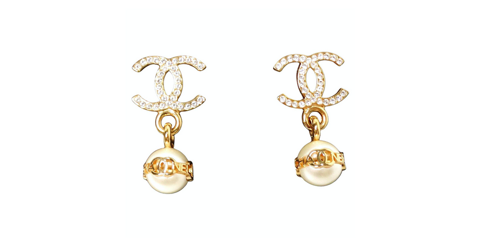 Chanel Crystal Interlocking CC Costume Pearl Dangle Earrings