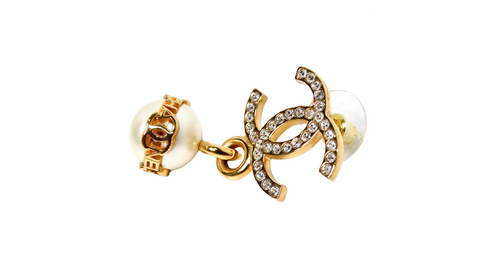 Chanel Crystal Interlocking CC Costume Pearl Dangle Earrings
