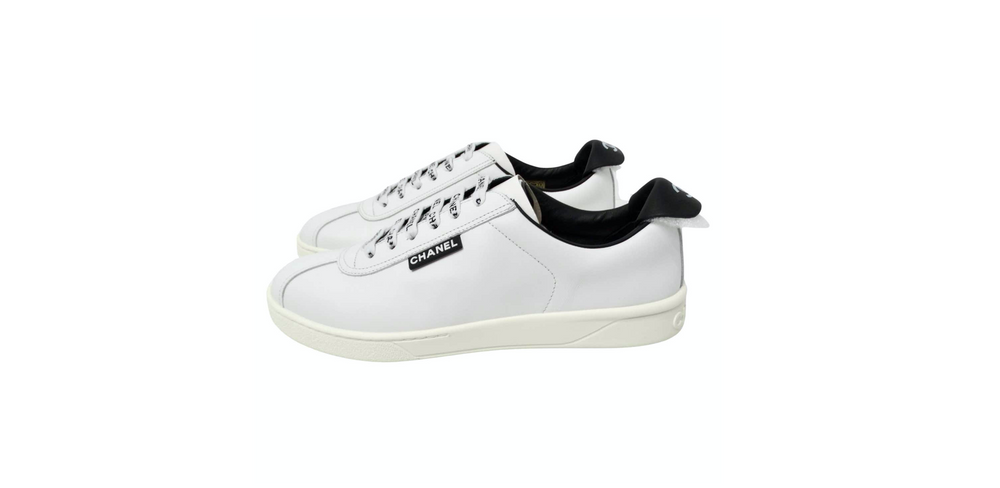Chanel White & Black Calfskin Leather Sneakers