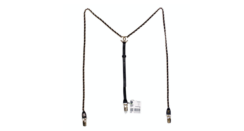 Chanel Black Calfskin Leather Gold-Tone Interlocking CC Chain Suspenders