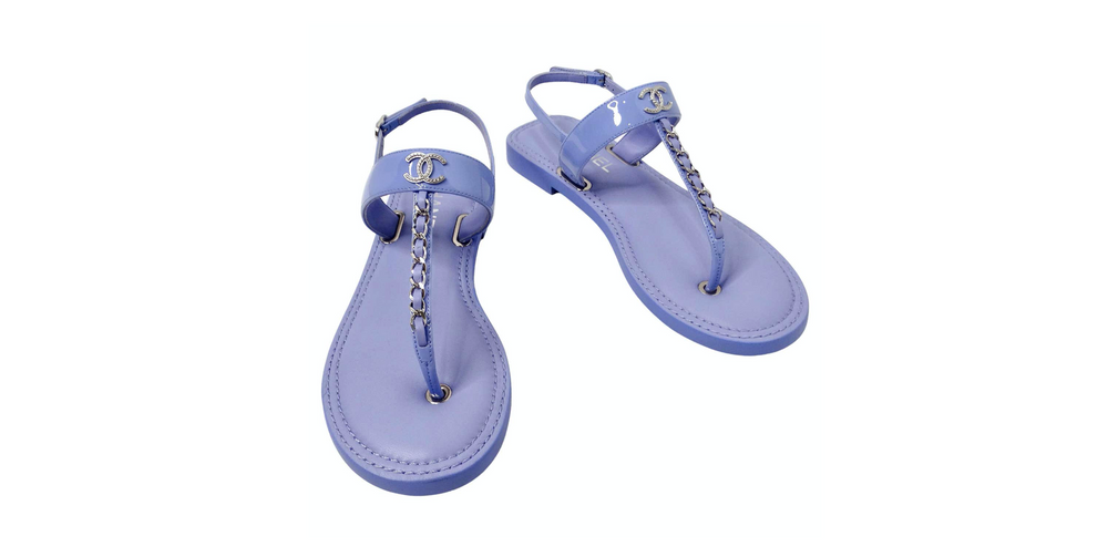 Chanel Lilac Patent Leather Chain T-Strap Sandals