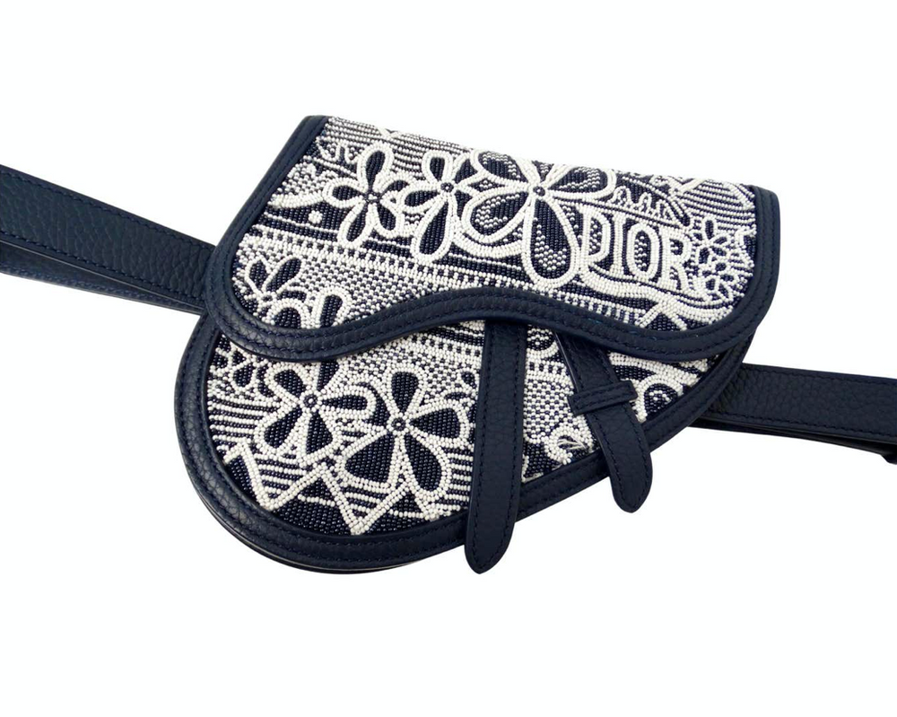 Christian Dior x Shawn Stussy Navy Beaded Grained Calfskin Saddle Belt Bag