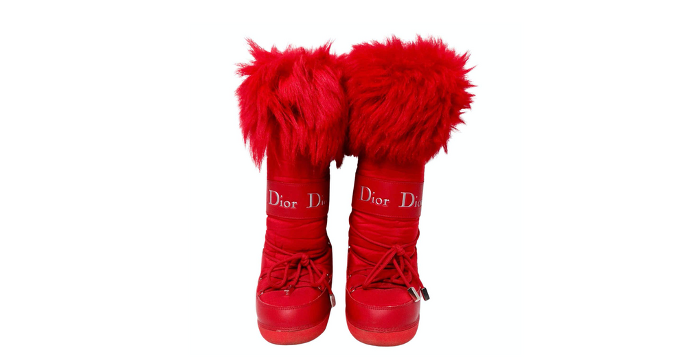 John Galliano for Christian Dior Red Lace-Up Faux Fur Snow Boots Circa Y2K