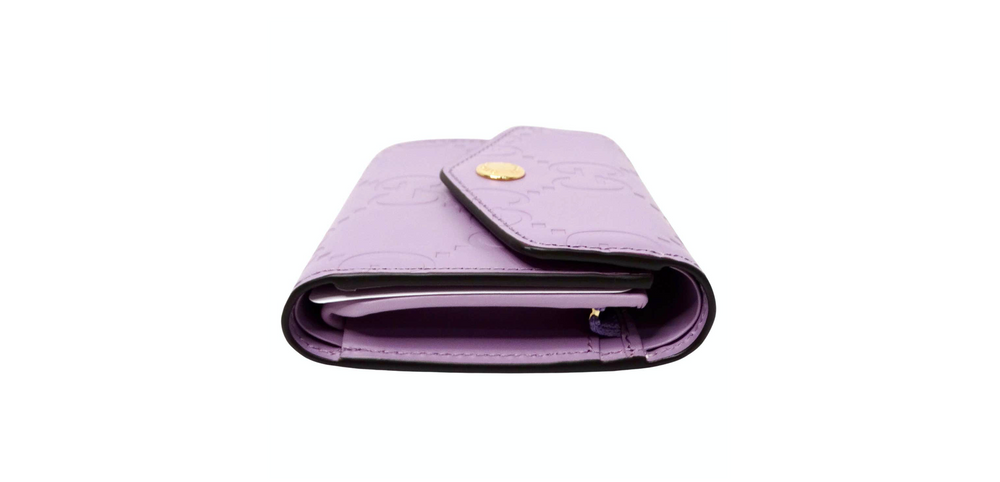 Gucci Lilac GG Embossed Leather Tri-Fold Square Wallet – Vintage Gucci Lilac GG Embossed Leather Tri-Fold Square Wallet – Vintage