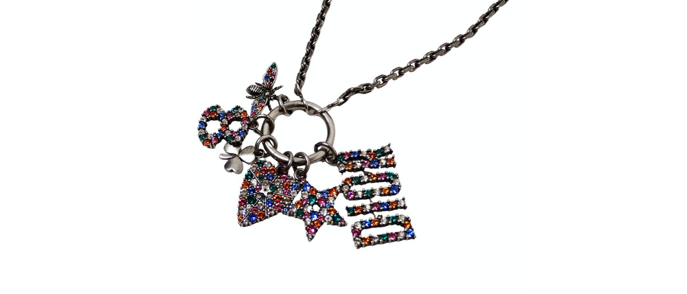 Christian Dior Crystal Charms & Silver-Tone Chain Pendent Necklace