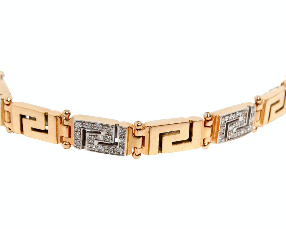 18k Gold Greek Key Two-Tone Link Bracelet With Diamonds
