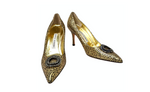 Manolo Blahnik Gold & Black Suede Printed Jewel Toe Pumps circa Y2K