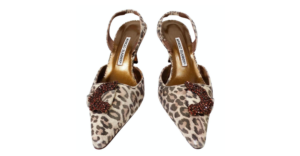 Manolo Blahnik Metallic Leopard Print Suede Slingback Pumps circa Y2K